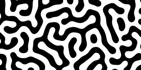 Abstract Turing organic wallpaper with background. Turing reaction diffusion monochrome seamless pattern with chaotic motion. Natural seamless line pattern. Linear design with biological shapes.