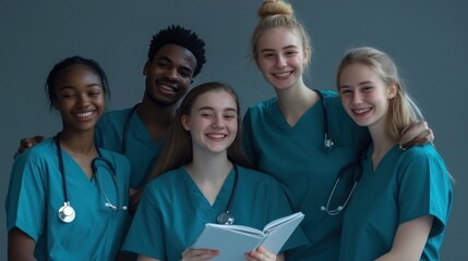 Five healthcare students pose together, all smiles, while holding a medical textbook in a study session