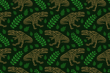 Tribal seamless pattern with dinosaurs and leaves