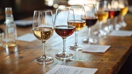 Wine Tasting Experience: A row of elegant wine glasses filled with different varieties of wine, arranged on a rustic wooden table.