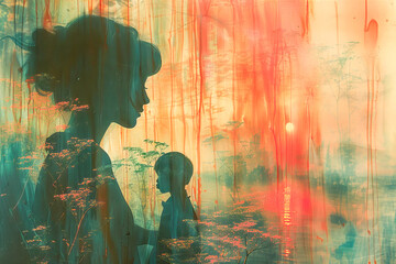 Silhouette of a mother holding her child with a nostalgic memory lane background