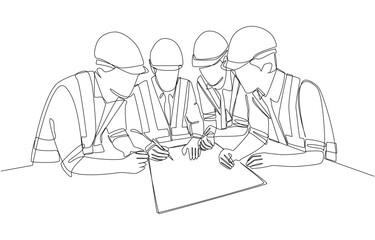 Continuous one line drawing of senior engineering manager pointing out details in blueprint to junior field engineers, construction planning meeting concept, single line art.