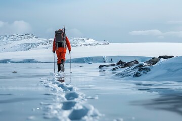 Lone Figure Walking on Frozen Lake in Arctic Landscape.