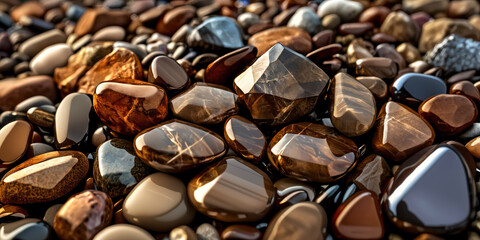 Fototapeta premium A close-up view of various types of rocks and pebbles, with a focus on the smooth, shiny surfaces of some of them.