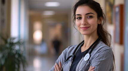 Obraz premium A confident female doctor stands in a hospital corridor, smiling warmly, representing dedication and professionalism in the medical field.