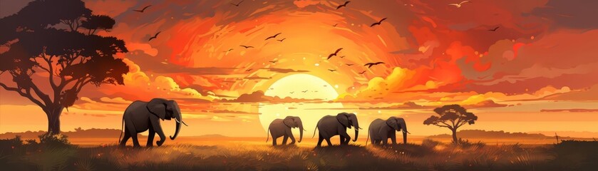 Fototapeta premium An illustration of a happy family of elephants walking through the savanna