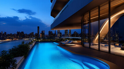 Obraz premium A hotel rooftop pool with panoramic city views