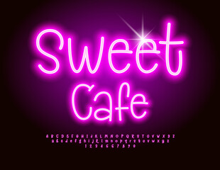 Vector neon banner Sweet Cafe. Glowing Pink Font. Bright Playful Alphabet Letters and Numbers set.