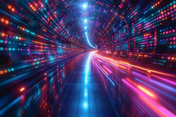 abstract technology background illustration depicts a futuristic high-speed light streaking through cyberspace, symbolizing rapid flow of data within a sophisticated information technology network of