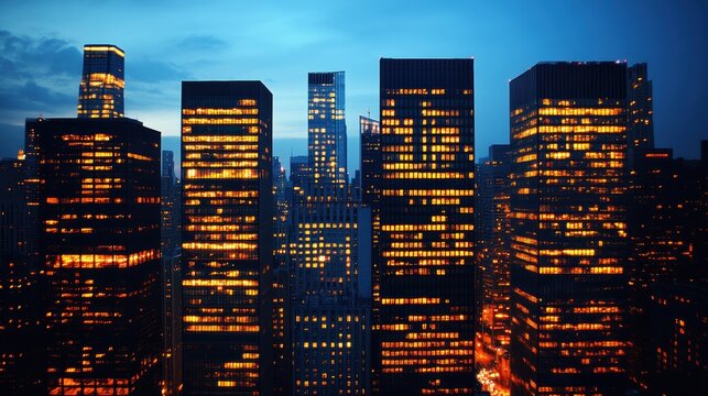 Nighttime city skyline viewed through large windows, with buildings glowing in warm tones against a deep blue sky.