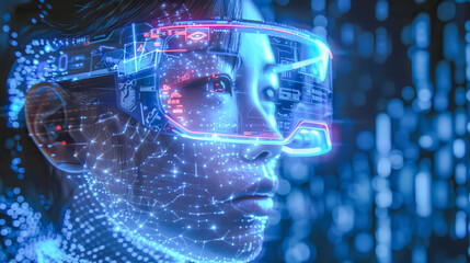 Fototapeta premium Woman experiencing virtual reality using digital hologram interface