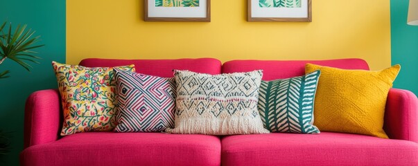 Boho Chic Living Room with Eclectic Patterns and Cozy Vibes, Vibrant Decor with Copy Space for Text or Ads