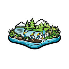 Flat vector illustration of four people cleaning a river.