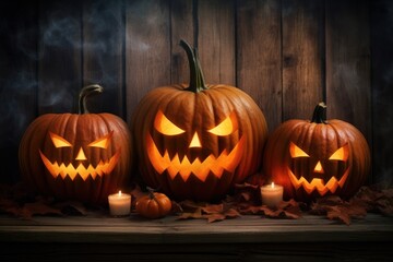 Obraz premium Glowing three pumpkin lantern evil ghost halloween spooky candle.
