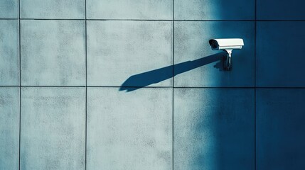 CCTV Security Camera Mounted on a Concrete Wall with a Long Shadow Cast by the Sun