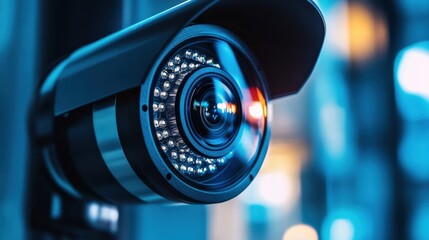 Close-Up of a Black CCTV Security Camera Lens with Infrared LEDs, Sharp Focus, High Detail