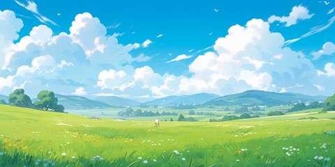 Fototapeta premium Enchanting Anime-Style Summer Meadows Delight: Idyllic Mountain Landscape with Lush Green Grass, Blue Skies, and Fluffy Clouds in a Flat Design Cartoon Illustration, storybook illustrations