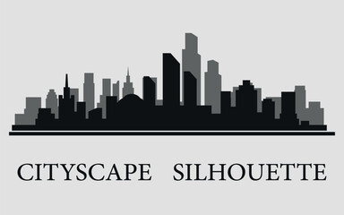 Naklejka premium The city skyline. Silhouettes of buildings. Vector on a gray background 