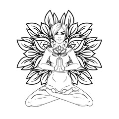 Chakra concept. Girl sitting in lotus position over black and white ornate mandala. Vector ornate decorative illustration isolated on white. Buddhism esoteric motifs. Coloring book. Tattoo, spiritual