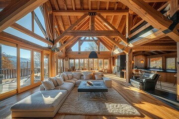 Fototapeta premium Modern Cabin Interior with Large Windows and Wood Beams.