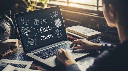 Person fact-checking information on a laptop, emphasizing accuracy and truth in digital content.