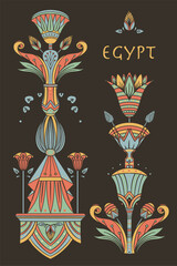 Egyptian floral colorful design element set isolated on white. Lotus flower, vector sign, symbol, logo illustration. Spirituality, occultism, chemistry, flower tattoo.