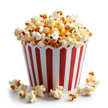 recommend clip art: A single popcorn bucket clipart, snack element, with popcorn spilling over, red and white stripes, isolated on white background 