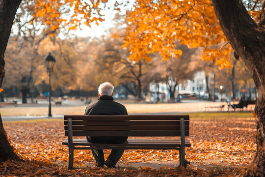 Autumn in the park with autumn leaves landscape and a senior man sitting on a bench