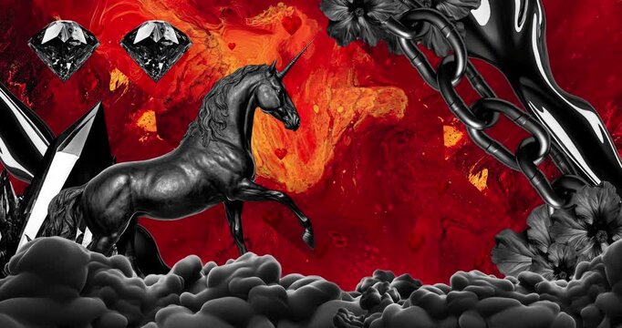 Creative surreal collage art. 4k loop animation. Ideal creative background for music, halloween party, etc.