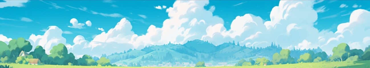 Enchanting  Anime-Style Summer Meadows Delight: Idyllic Mountain Landscape with Lush Green Grass, Blue Skies, and Fluffy Clouds in a Flat Design Cartoon Illustration, storybook illustrations