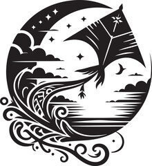 kite flying silhouette vector art illustration.