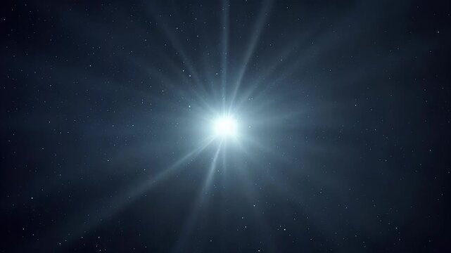 video of luminous starburst emanating from single bright point in dark, star-filled sky, concept of cosmic energy and celestial beauty