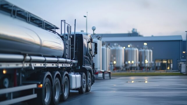 Milk Tanker Truck Parked Outside a Modern Dairy Processing Plant, Ready for Loading and Distribution