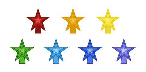 Set vector tree topper stars for Christmas tree in rainbow colors. Isolated Decorated stars for the tree. Decorative traditional design in deferent colors for top of Xmas pine tree.