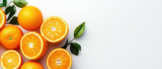 Fresh oranges with vibrant colors, showcasing their juicy segments and green leaves against a clean background.