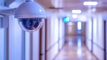Modern Security Camera Mounted on Ceiling, Surveillance System in Hallway, Indoor Security Technology