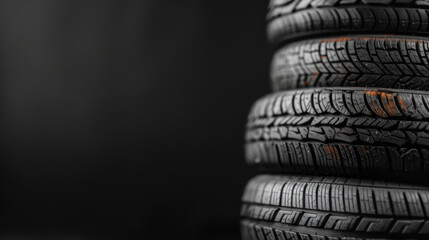 A close-up view of a stack of new car tires on a dark background, highlighting tire treads and texture.