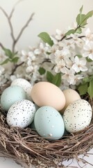 Fototapeta premium Pastel Easter eggs are nestled in a natural nest with delicate spring blossoms around them, creating a festive atmosphere