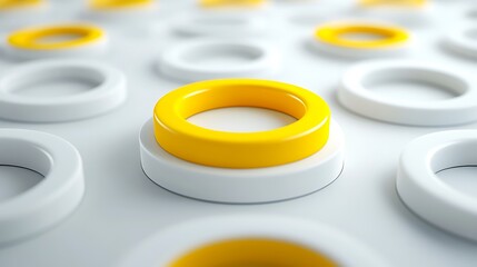 Vibrant 3D Rendering of Yellow Ring on White Trapezoid Surrounded by Rings - Contemporary Composition with Primary Colors
