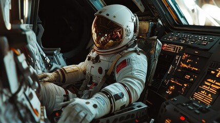 Interior of a space rocket with an astronaut sitting calmly, side profile view, highlighting the advanced equipment and spacecraft environment.