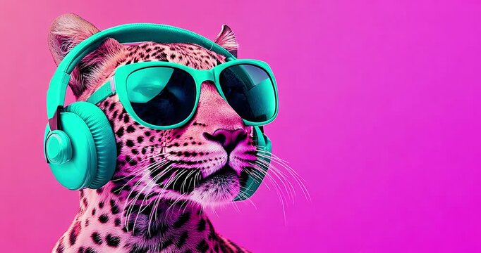 Leopard wearing headphones on a pink background. Music, party concept.