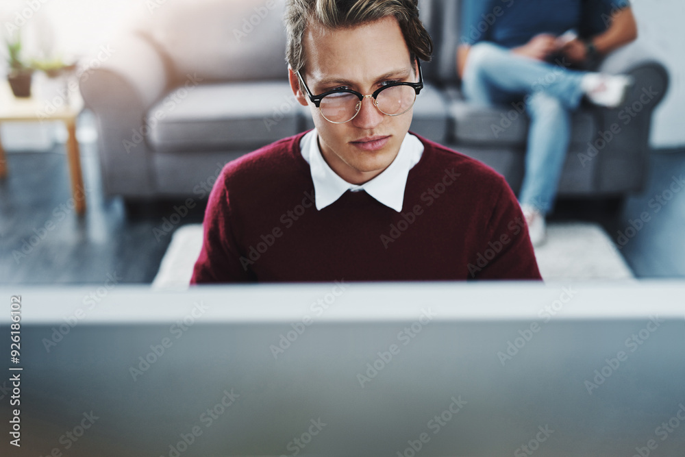 Leinwandbilder Computer, serious and man in home with remote work for online it service with agile project. Glasses, technology and freelance software developer with debugging error on database for cloud computing.