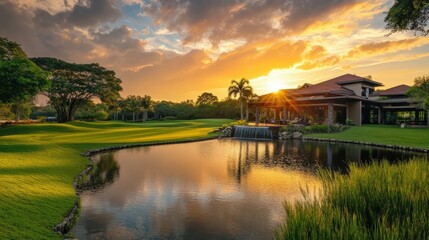 Obraz premium Serene Sunset Landscape Featuring a Luxurious Clubhouse, Lush Green Golf Course, and Tranquil Pond with a Waterfall