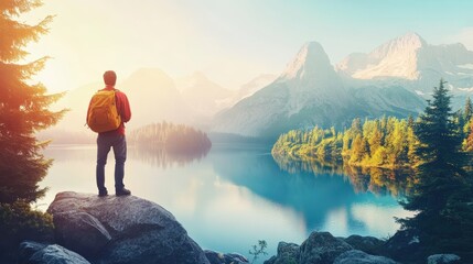 Naklejka premium Solitary Figure with Backpack Gazing at Tranquil Mountain Lake, Serene and Peaceful Landscape