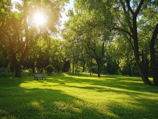 Obraz premium Sunny Park with Green Grass and a Bench Underneath a Canopy of Trees