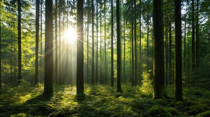 Sunbeams Streaming Through Tall Trees in a Dense Forest