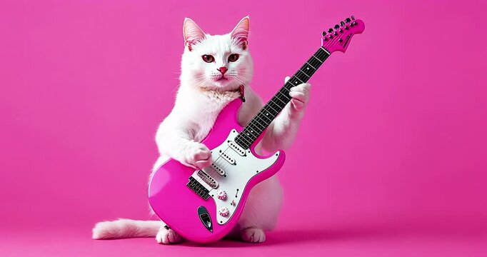 Funny white cat plays the guitar. Music concept.