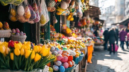 A vibrant market filled with decorative Easter eggs and blooming flowers, attracting joyful visitors on a bright spring afternoon