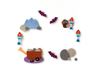 色画用紙イラスト工作：コウモリとかがり火、トロッコのフレーム.