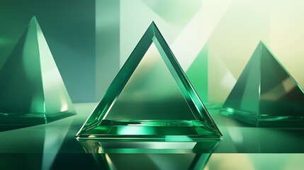 Modern Geometric Composition with Green Triangle Prism in 3D Rendering Style